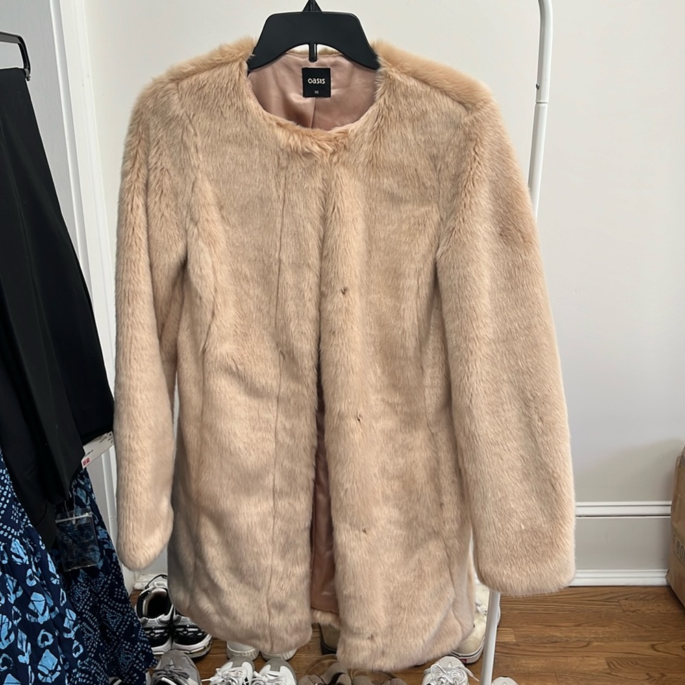OASIS faux fur jacket collar less coat tan pink beige size xs